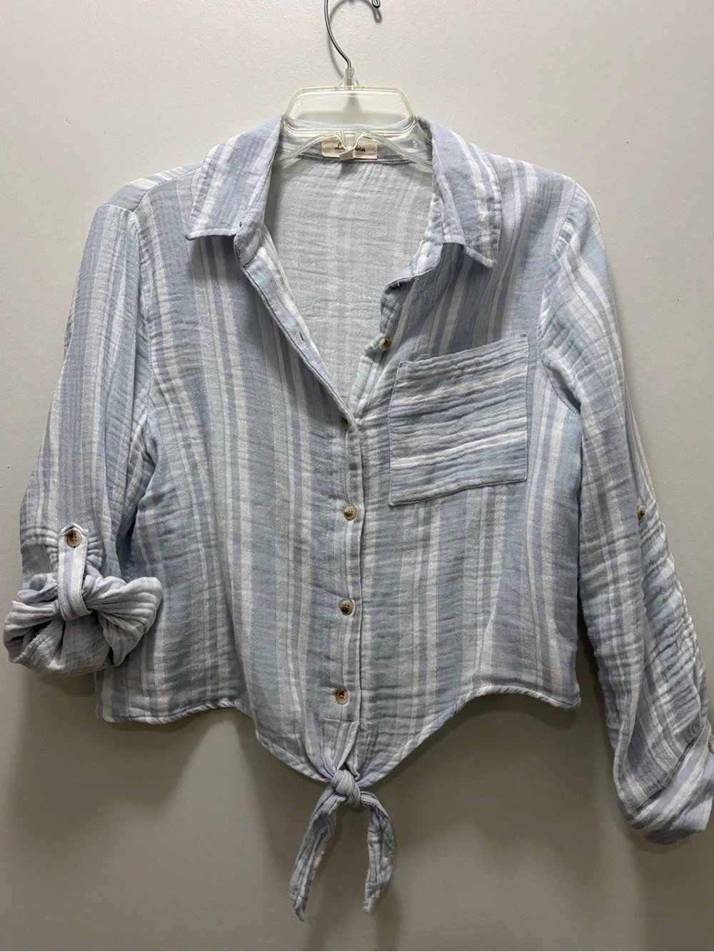 Love Notes Blue & White Striped Tie-Front Button Down Shirt - Picture 1 of 3